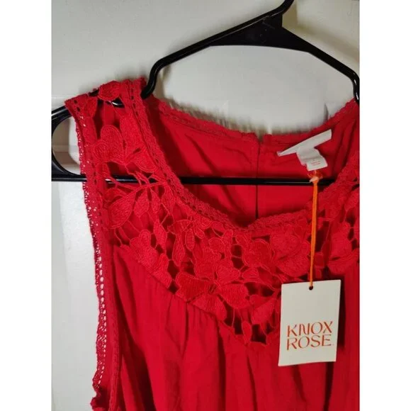 Knox Rose Sleeveless Cherry Red Crochet Belted Knee Length Dress W Pockets L NWT - Picture 5 of 9